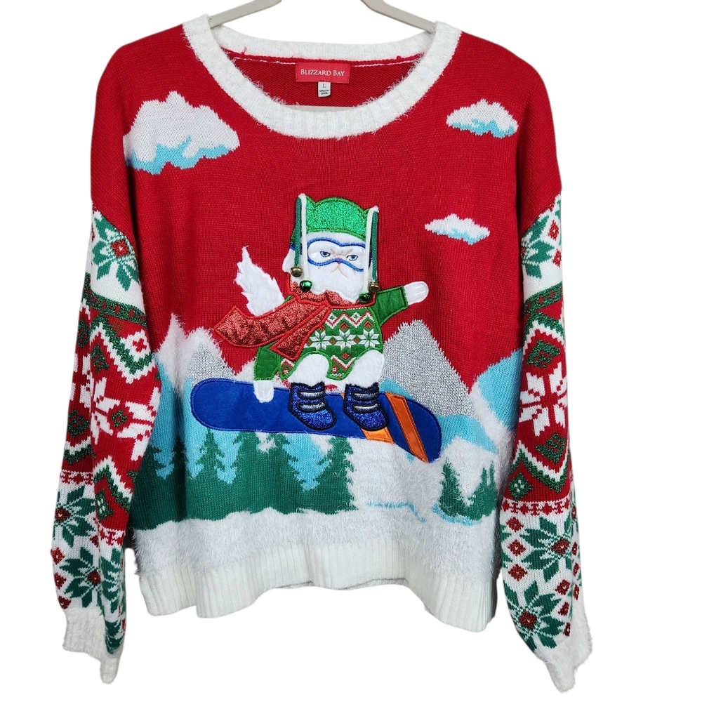 Blizzard Bay Grumpy Cat Snowboard Bells Christmas Sweater Womens Size L